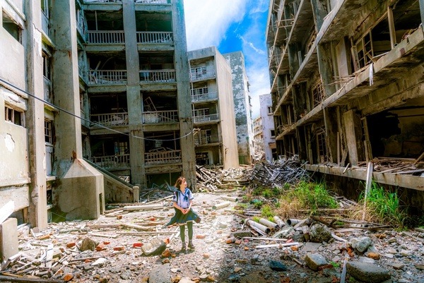 Shells of buildings from hurricane damage