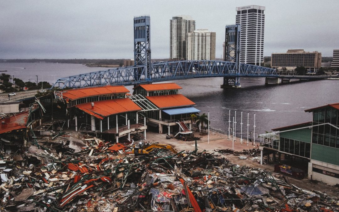 aftermath of large mill complex post catastrophic storm