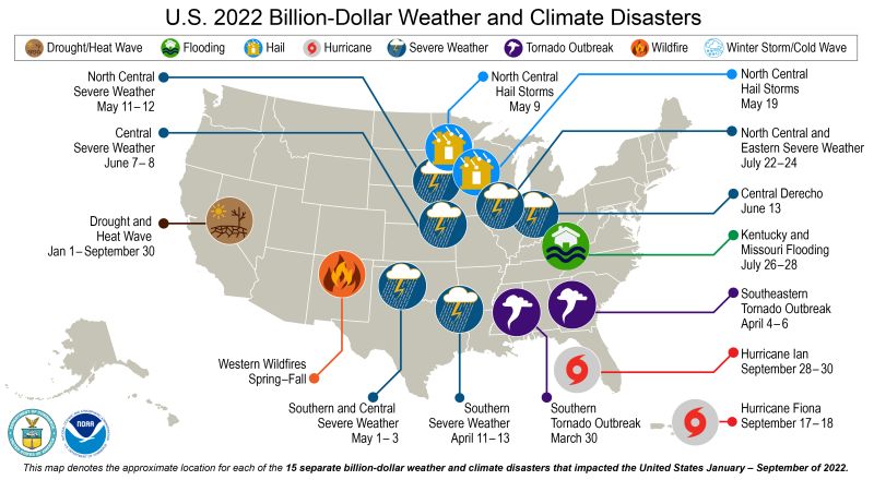 Map of 2022 Billion-dollar weather and climate disasters